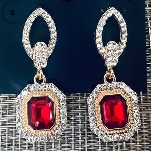 Saks Fifth Avenue EARRINGS🩷NEW JEWELED RED SPARKLING DANGLE DROP PIERCED POST